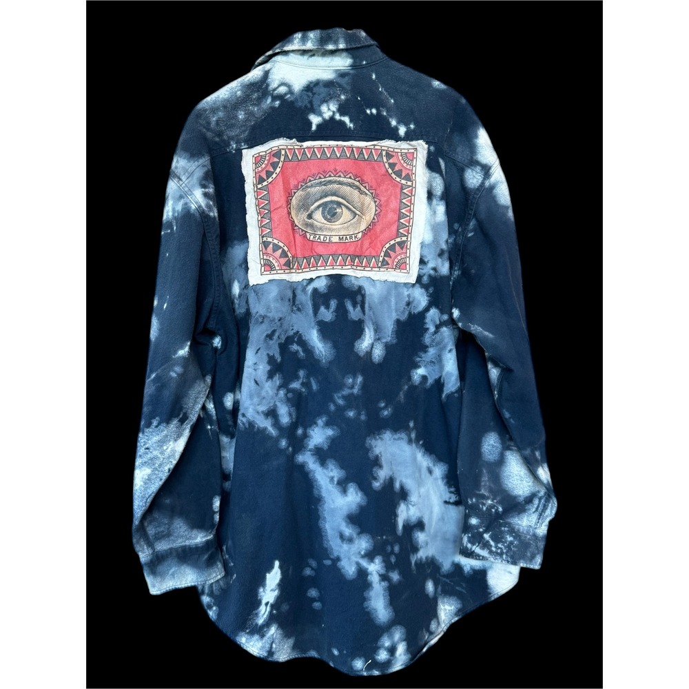 Bleached Indigo Shammy‎ Shacket XL Tall All Seeing Eye Patch Art Wear Jacket - Picture 3 of 10